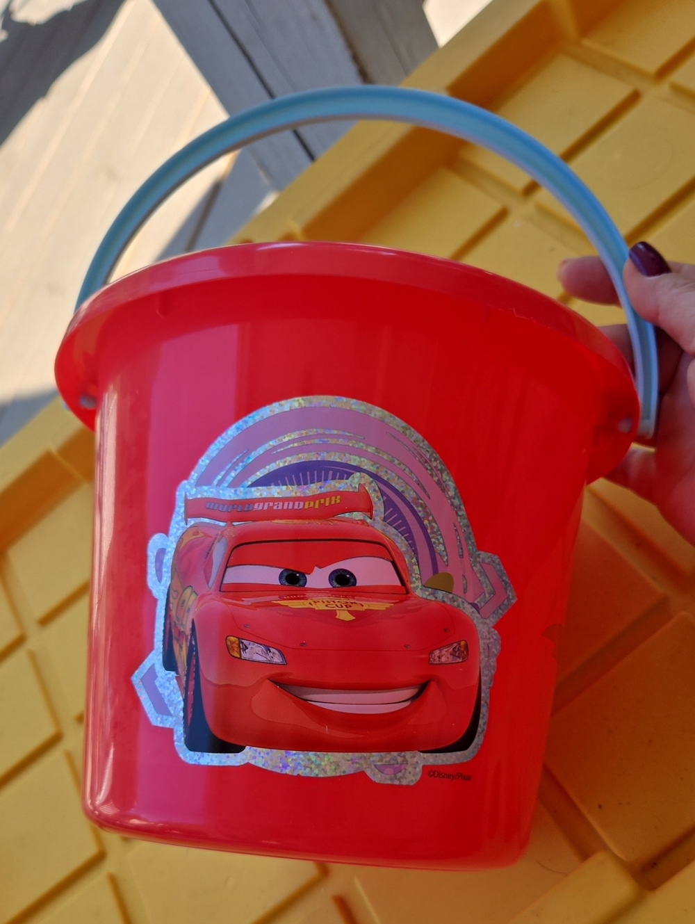 Disney Cars Red Sand Bucket with Blue Handle and Lightning McQueen Graphic